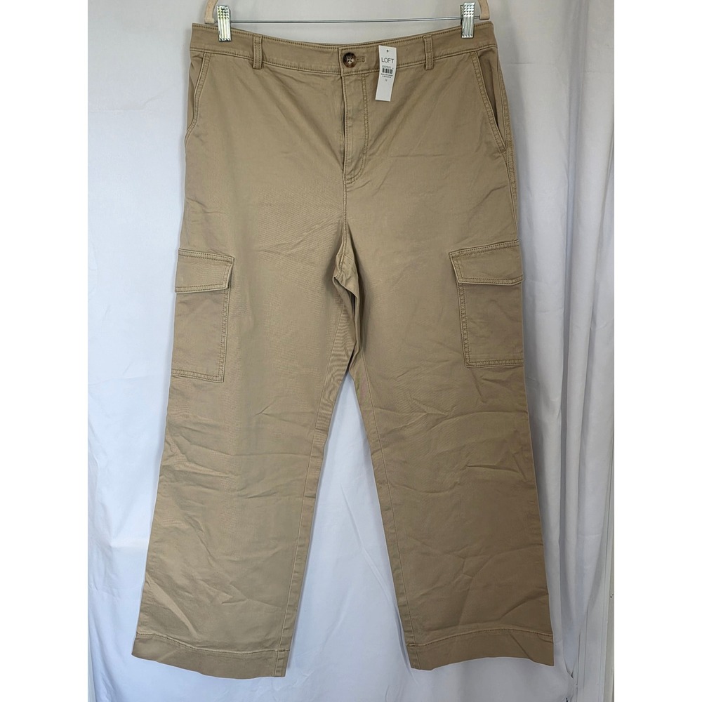 Wide Leg Cargo Pants Size 14 NEW Khaki Tan Stretch Cotton Utility Trousers Loft